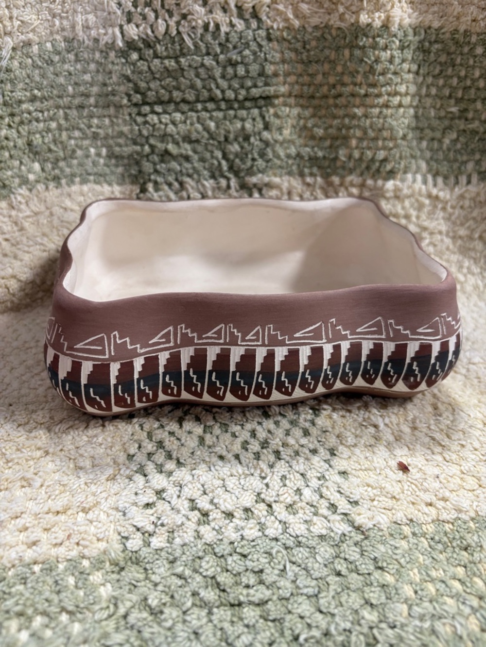 Hand-Painted Southwestern Ceramic Dish in Brown and White